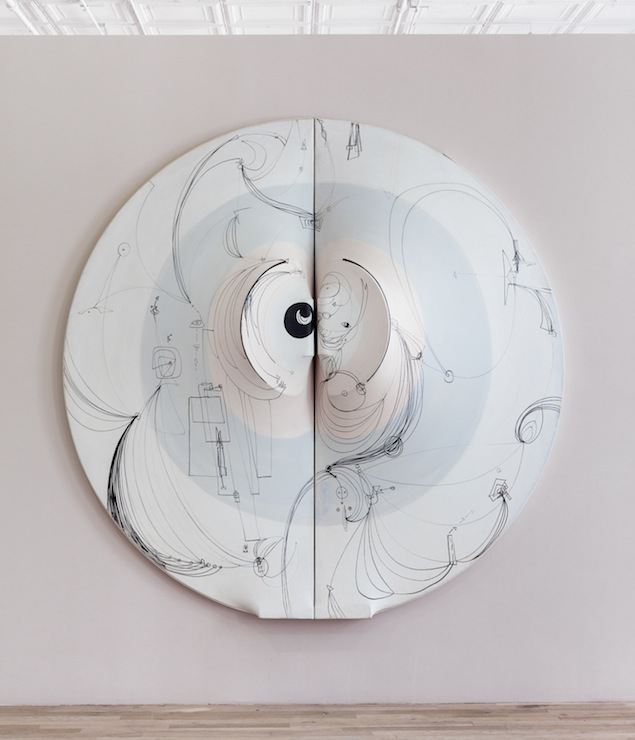 Two half-circle canvases, positioned together to create a full circular shape, displayed on a light mauve wall. The canvases are filled with neutral blue and pale pink colors as well as sweeping, black line illustrations. At the center of the composition, the canvases stretch outward in mirrored c-curve shapes.