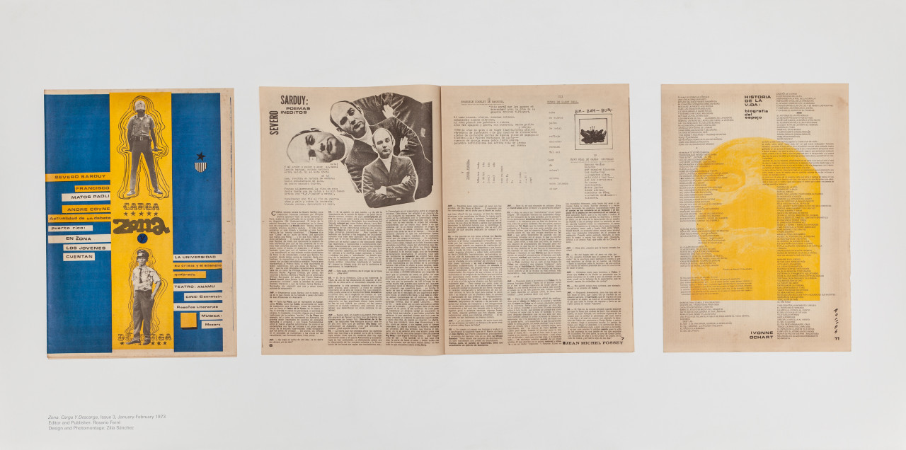 Four pages of a magazine displayed on a white background. The pages contain text and black and white as well as blue and yellow collaged images.
