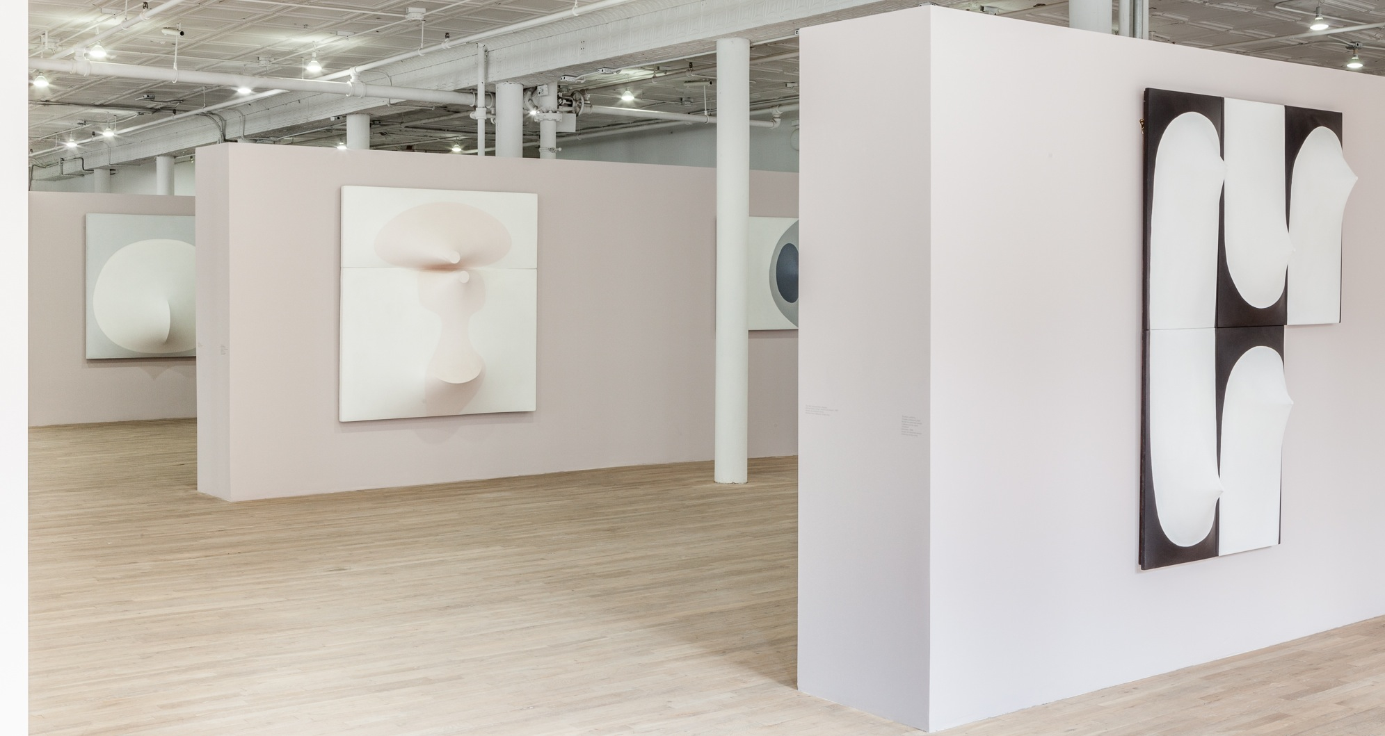 Three light, mauve-colored walls in an exhibition space each display several canvases. The three walls are arranged such that they are parallel to each other. Each of the canvases are slightly three-dimensional, with elements that stretch in or out from their surfaces.