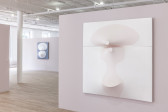 A light, mauve-colored wall in an exhibition space displays a pink and white canvas. The canvas is slightly three-dimensional, with elements that stretch in or out from its surface. In the background, a cool-toned canvas of a similar style hangs on a wall.