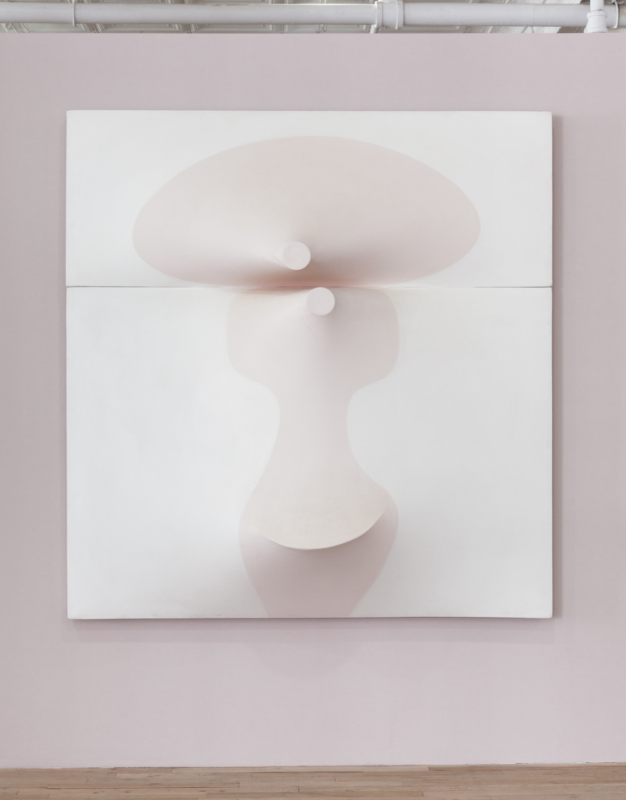Two white panels of canvas positioned together to form a square shape. Both canvases display an organic pink form. Parts of the canvas within the pink shapes stretch outwards to form protruding circular and ovular, knob-like shapes.