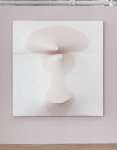 Two white panels of canvas positioned together to form a square shape. Both canvases display an organic pink form. Parts of the canvas within the pink shapes stretch outwards to form protruding circular and ovular, knob-like shapes.