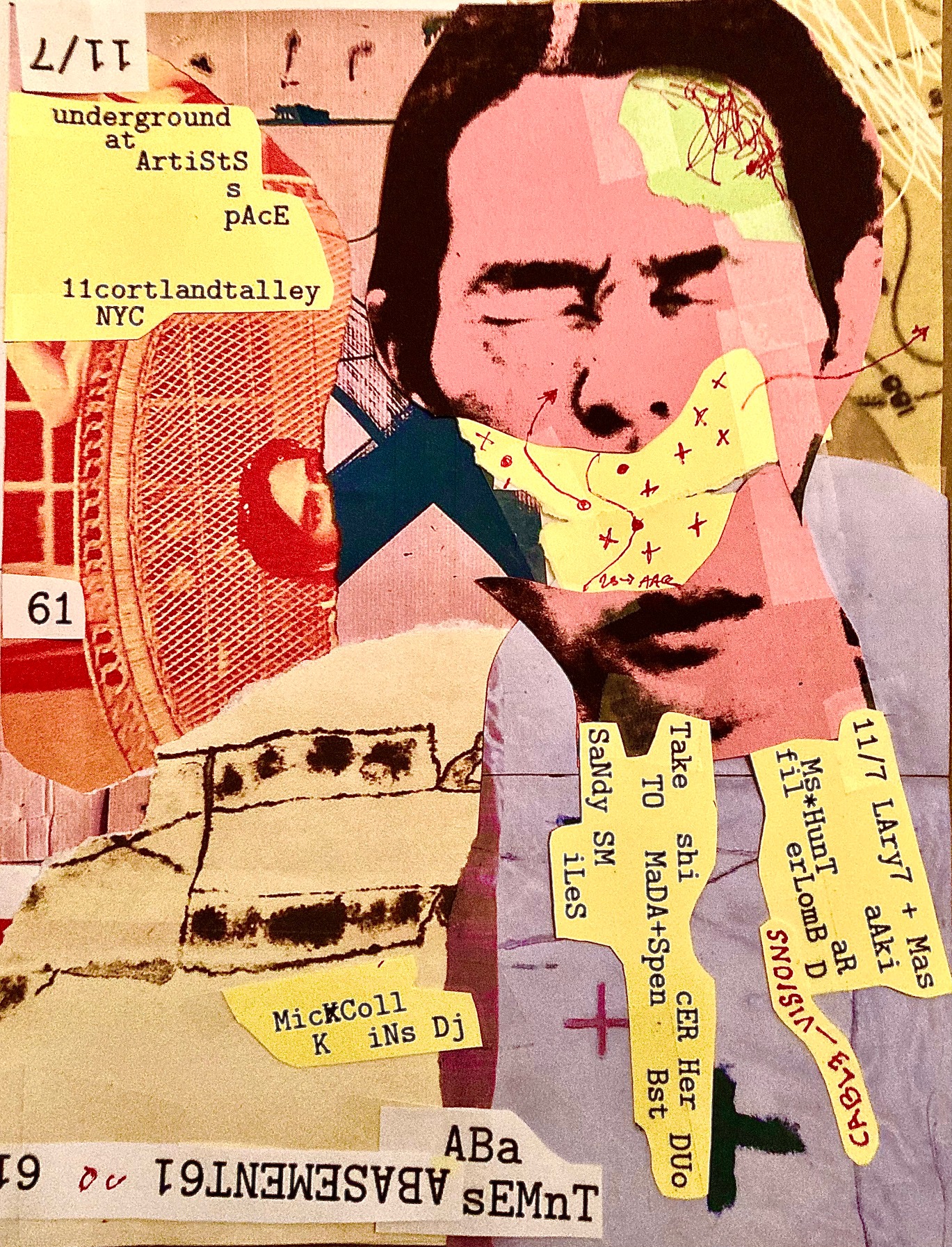 Collaged atop a purple, pink, and orange field is a series of abstract graphic and typewritten elements, including a man's face with a bandana covering his mouth. In the bottom left corner an upside down text reads 