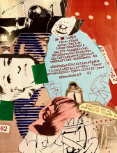 Collaged atop a blue, beige, and orange field is a series of abstract graphic and typewritten elements, including a womans face placed sideways with green tape over it. In the middle, on a piece of blue paper, is the list of performers and text reading 