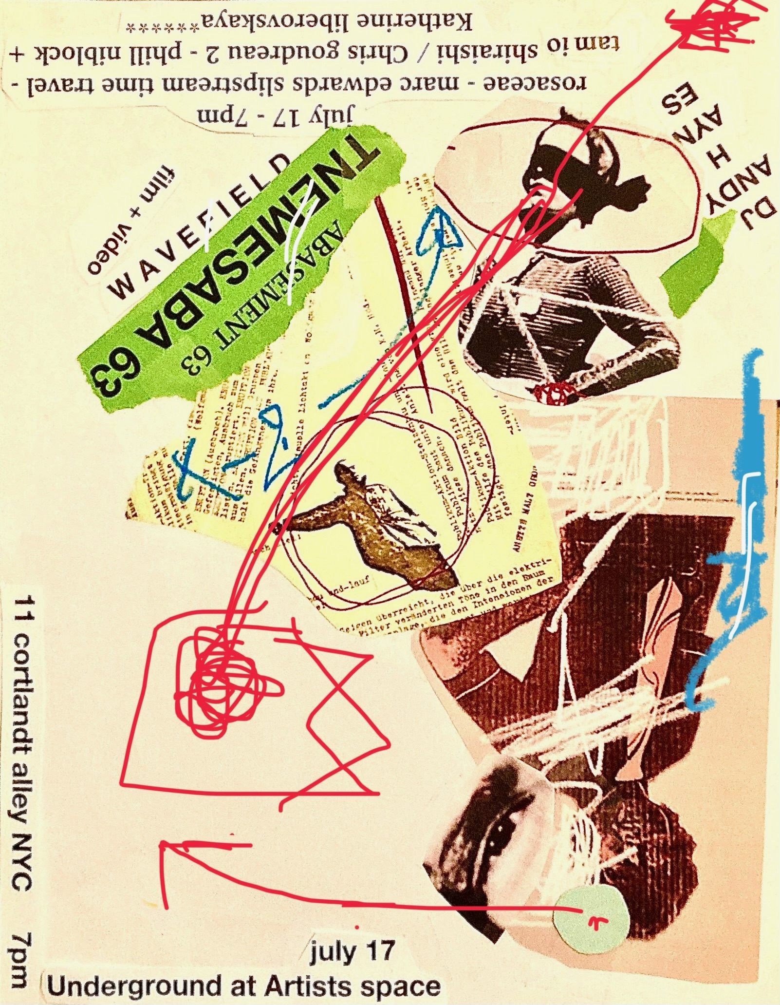 Magazine cutouts and red and blue squigly lines overlay a yellow background. Text in the upper left corner an upside down text reads 