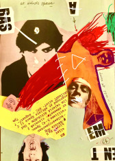 Magazine cutouts of scattered blocky letters (reading ABASEMENT) and a series of people's heads overlay a light yellow background. A chunk of upside down text lists the performers, as well as the time and place of the event.