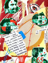 Magazine cutouts of faces printed in green ink, with red dots and accents, overlay a yellow and red printed background that has also been collaged together and drawn over with red and blue abstract lines. A block of black typewritten text on a white background is placed upside down in the bottom left of the image, and reads 