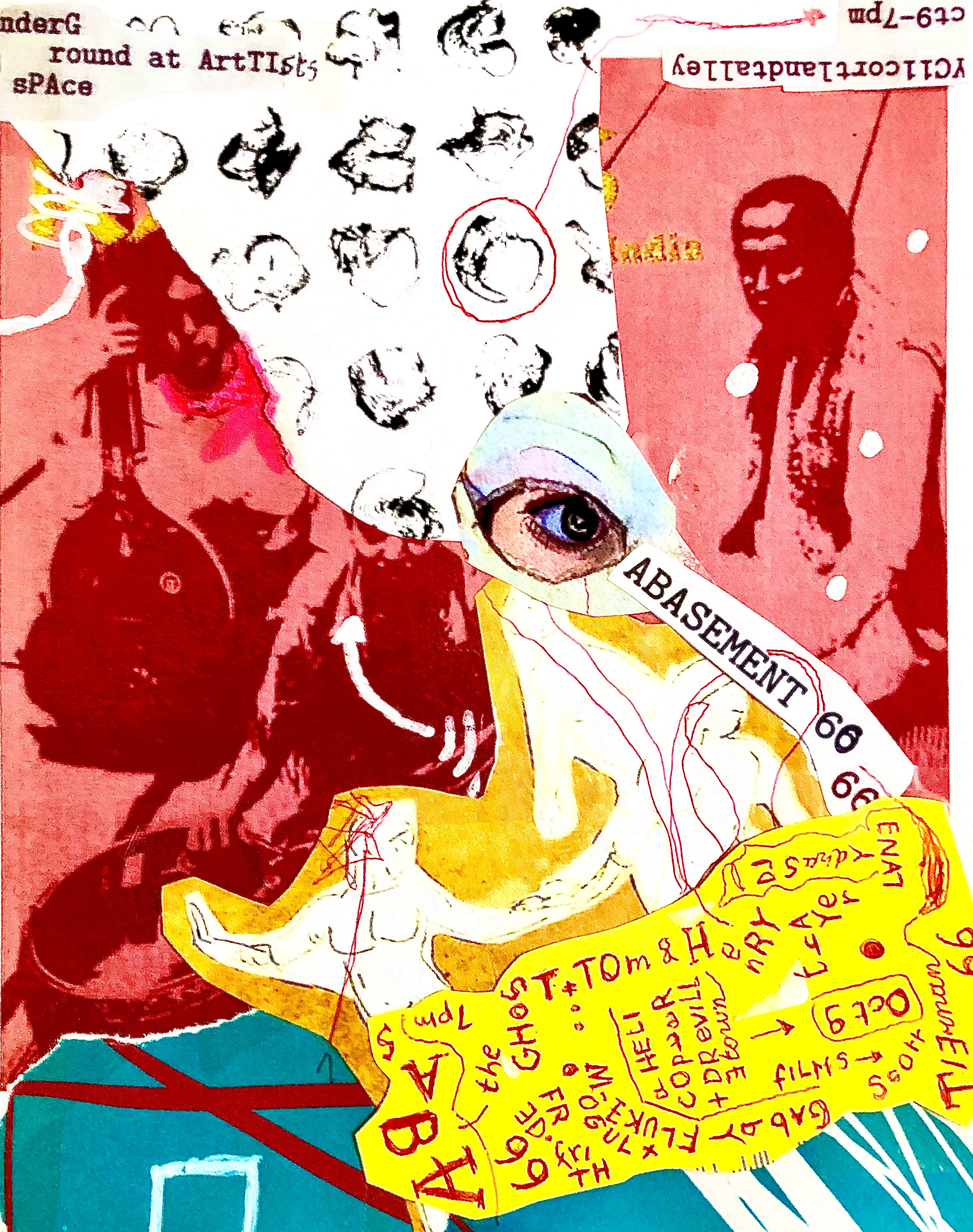 Magazine cutouts and printed images overlay a colorful background with red, white, blue and yellow pieces collaged together. A cutout of an eye is placed in the center, and to the right of it is text that reads 