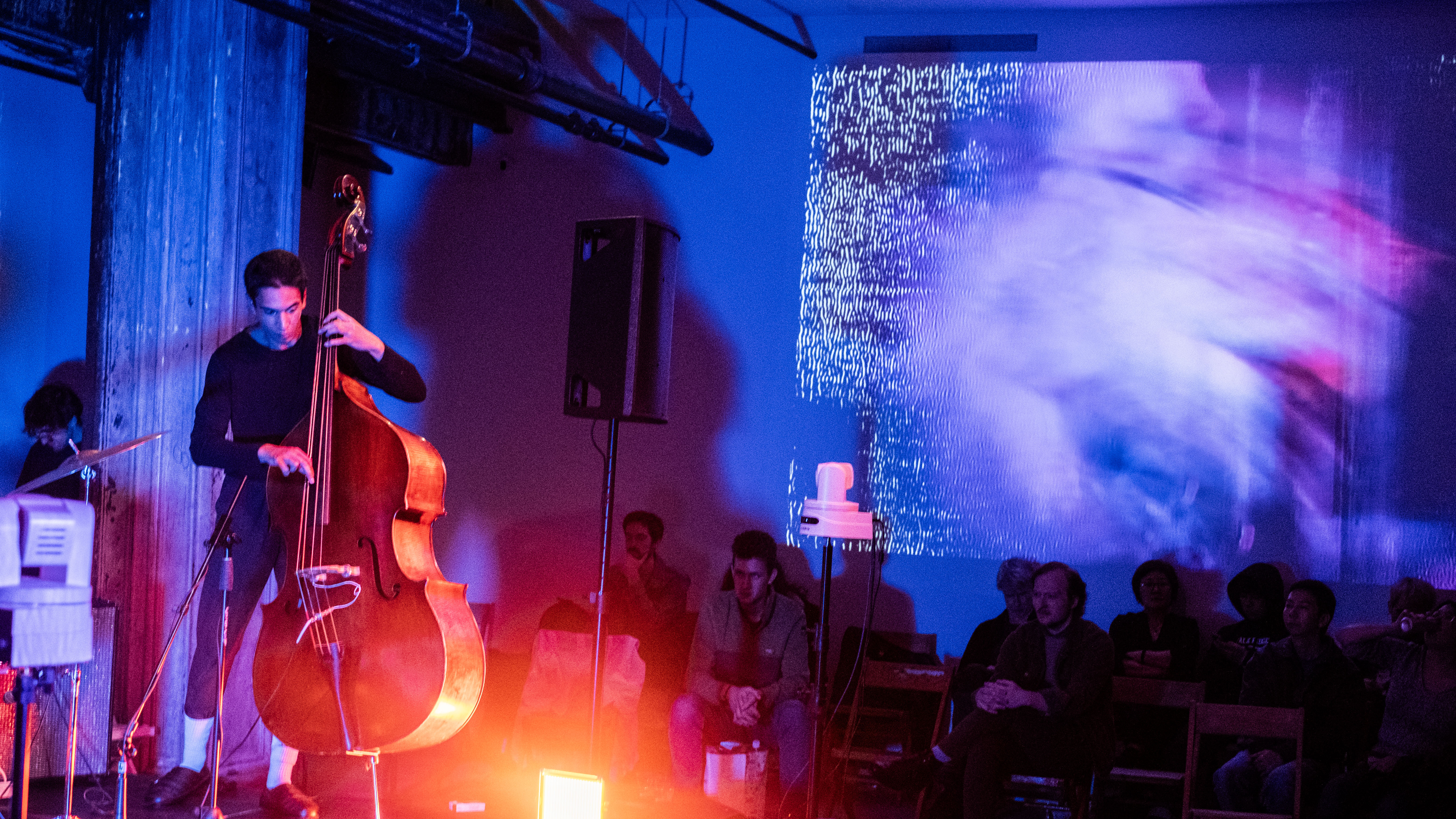 Color image of a performance space illuminnated with blue and red light. On the left, a figure on a stage plays the double bass, there is a large black speaker to their right.  Abstract images are projected onto the wall. Below the projections, audience members sit on chairs.