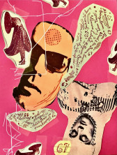 Magazine cut-outs featuring faces are overlayed on a pink background. Other cut-outs contain hand-written text that reads 