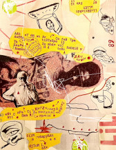Magazine cut-outs and ink drawings are collaged together on a beige background, with red accents throughout. Pieces of yellow paper featuring typewritten text listing the performers and event details are cut out and scattered throughout the flier.