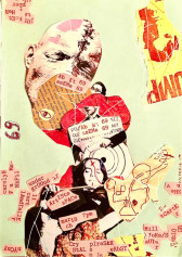Magazine cut-outs and ink drawings are collaged together on a pale yellow background, with red and orange accents throughout. Cut up pieces of light pink paper are scattered throughout the image, and feature typewritten text listing the performers and event details.