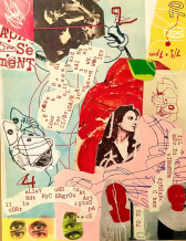 Magazine cut-outs and ink drawings are collaged together on a colorful background, with blue, pink, yellow and beige paper. Cut up pieces of beige paper are scattered throughout the image, and feature typewritten text listing the performers and event details.