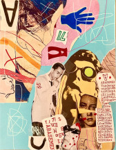 Magazine cut-outs and ink drawings are collaged together on a colorful background, with blue, pink, yellow and beige paper. Cut up pieces of beige paper are scattered throughout the image, and feature typewritten text listing the performers and event details.