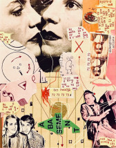 Magazine cut-outs and ink drawings are collaged together on a background of yellow, pink, and orange paper. A piece of green paper at the bottom reads 