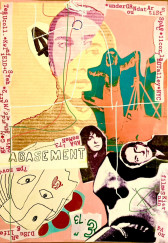 Magazine cut-outs and ink drawings are collaged together on a background of yellow, pink, and orange paper. Pieces of paper with typewritten text listing the performers and event details are scattered around the flyer.