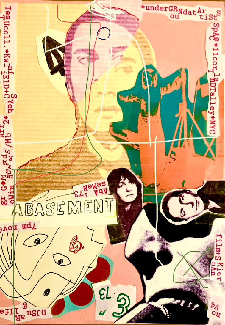 Magazine cut-outs and ink drawings are collaged together on a background of yellow, pink, and orange paper. Pieces of paper with typewritten text listing the performers and event details are scattered around the flyer.