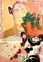 Magazine cut-outs and ink drawings are collaged together on a background of yellow, pink, and orange paper. Pieces of paper with typewritten text listing the performers and event details are scattered around the flyer.