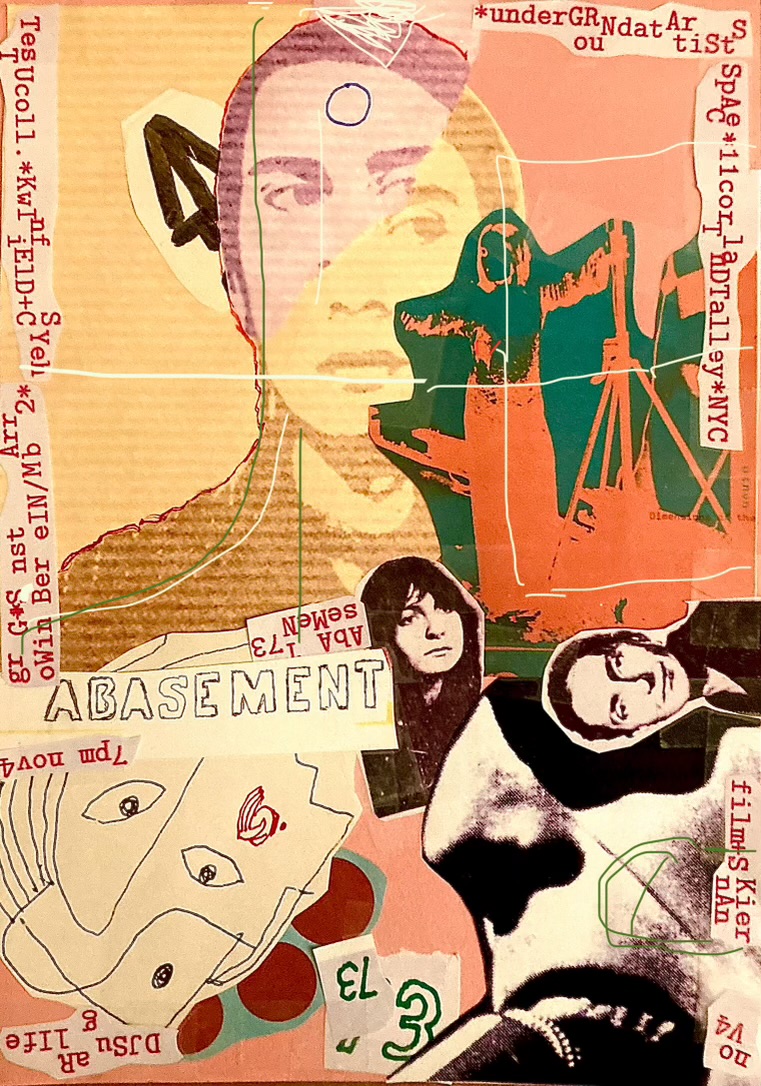 Magazine cut-outs and ink drawings are collaged together on a background of yellow, pink, and orange paper. Pieces of paper with typewritten text listing the performers and event details are scattered around the flyer.