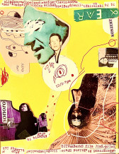 Magazine cut-outs and ink drawings are collaged together on a background of bright yellow paper. Pieces of paper with typewritten text listing the performers and event details are scattered around the flyer.