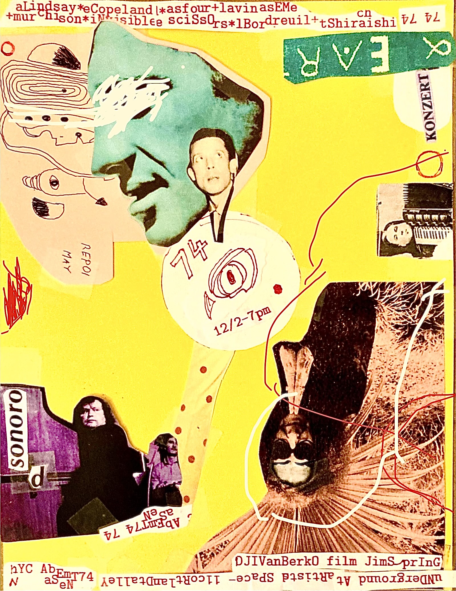 Magazine cut-outs and ink drawings are collaged together on a background of bright yellow paper. Pieces of paper with typewritten text listing the performers and event details are scattered around the flyer.