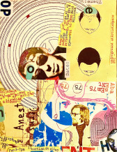 Magazine cut-outs and ink drawings are collaged together on a background of bright yellow paper. Pieces of paper with typewritten text listing the performers and event details are scattered around the flyer.