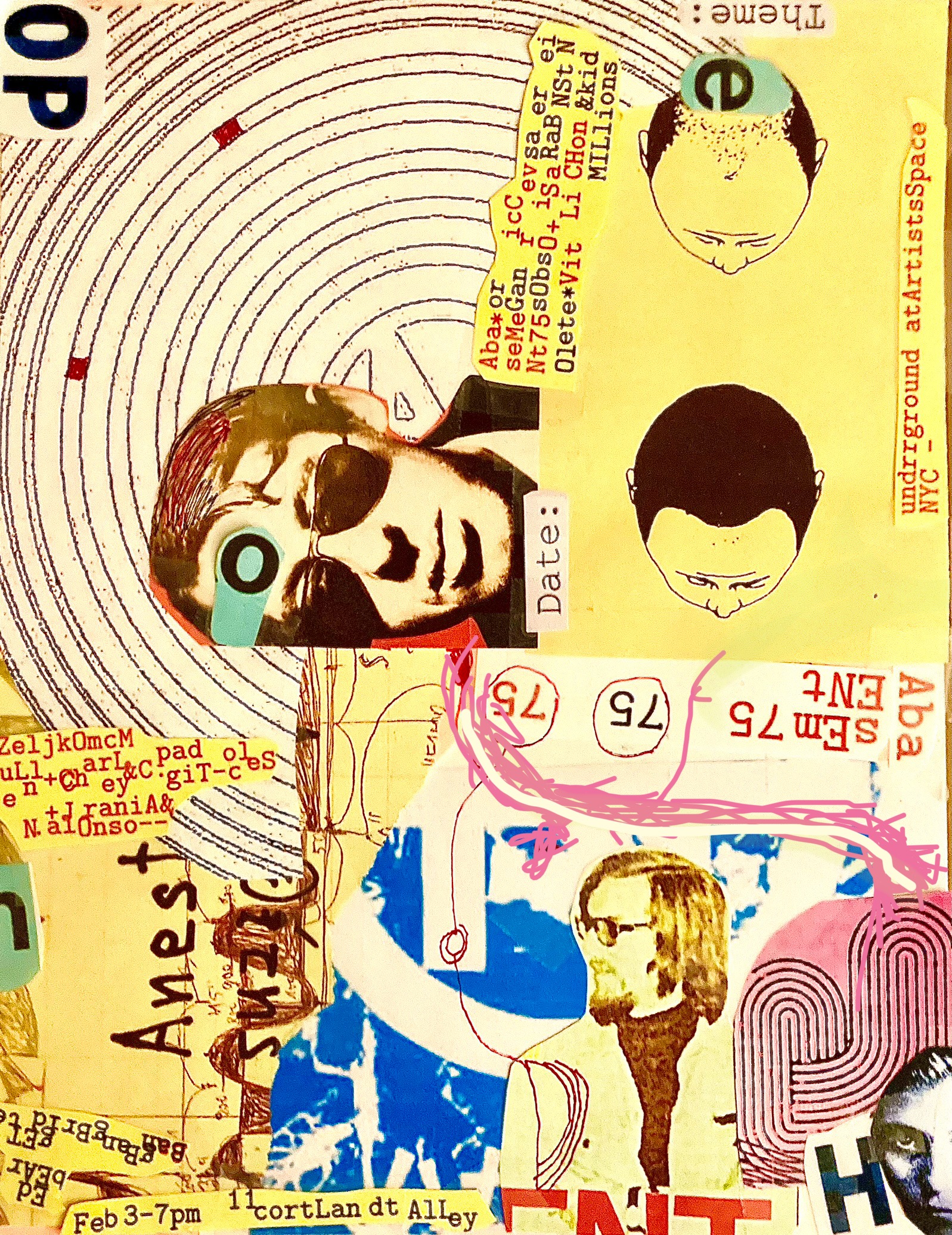 Magazine cut-outs and ink drawings are collaged together on a background of bright yellow paper. Pieces of paper with typewritten text listing the performers and event details are scattered around the flyer.
