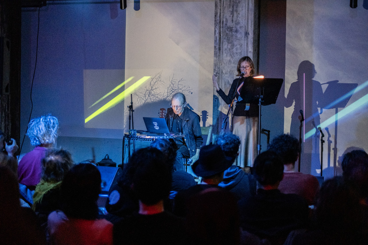 Color image of two performers on stage. The performer on the left is sitting down in front of a laptop. The performer to the right is standing up in front of a music stand, singing into a microphone. Multiple rows of audience members are visible from behind in the foreground. The wall behind the stage has multiple streaks of colored lights and a silhouetted image of tree branches.