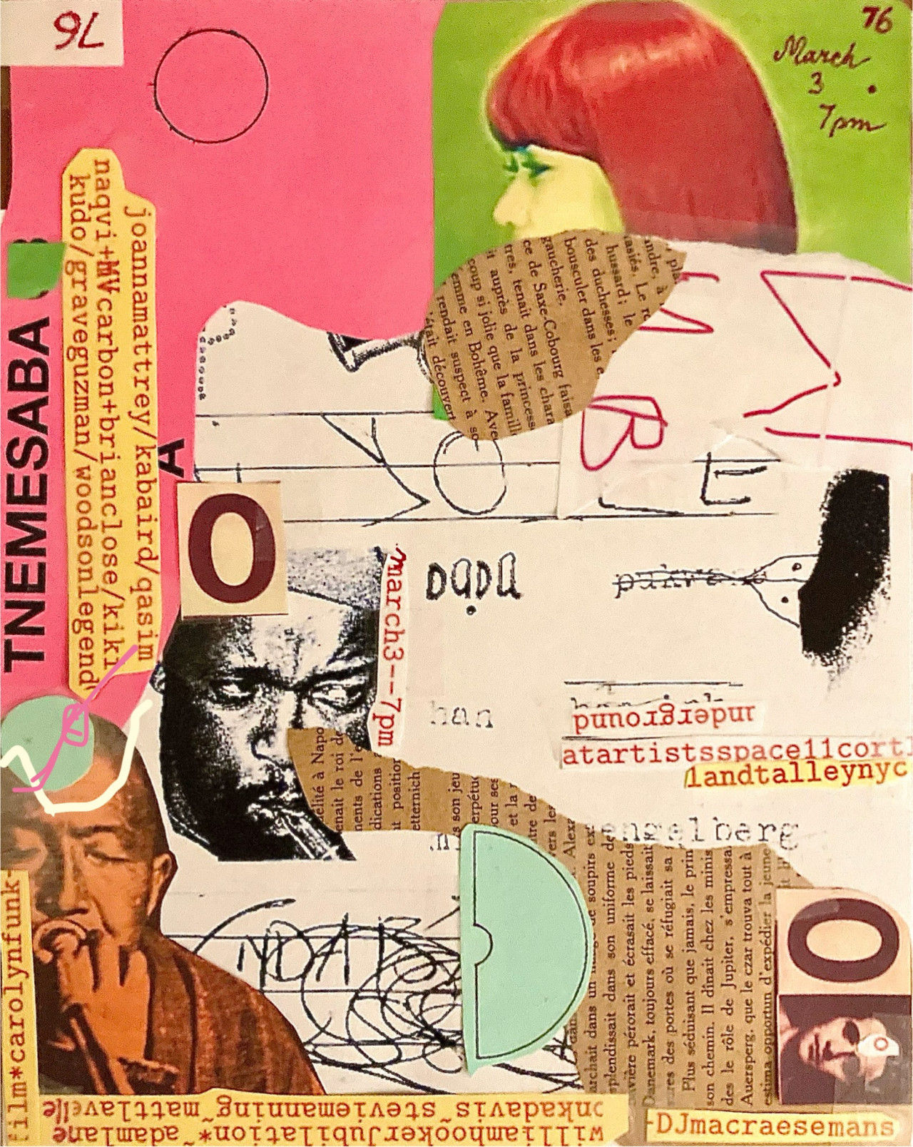 Magazine cut-outs and ink drawings are collaged together on a background of pink, green, and yellowed paper. Pieces of yellow paper with typewritten text listing the performers and event details are scattered around the flyer.