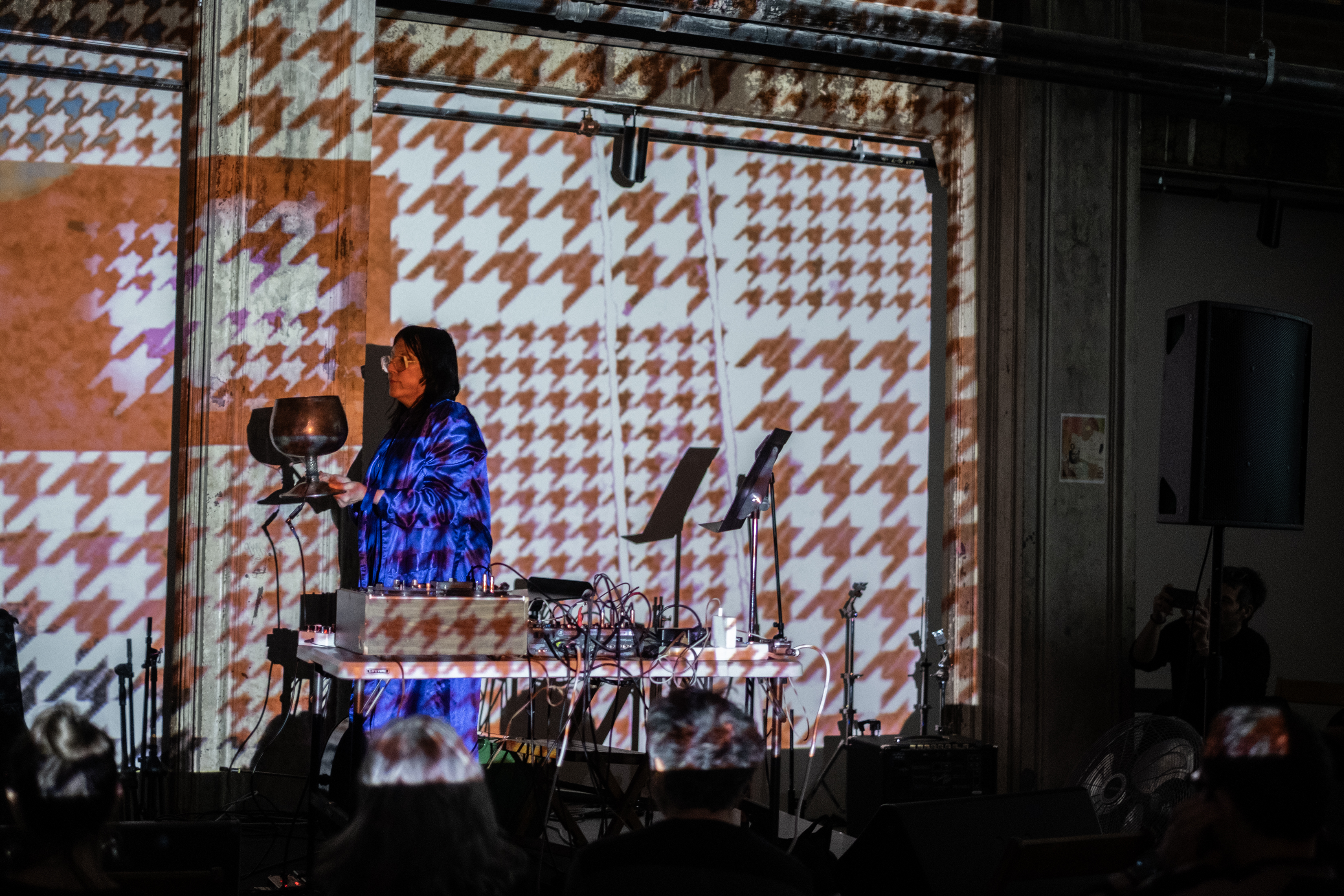 Color image of a performer on stage holding an oversized goblet. They are wearing a monochromatic purple outfit, and standing sideways to the audience. A table in front of the performer is filled with various types of electronic audio equipment. The wall behind the stage is covered in a houndstooth projected pattern.