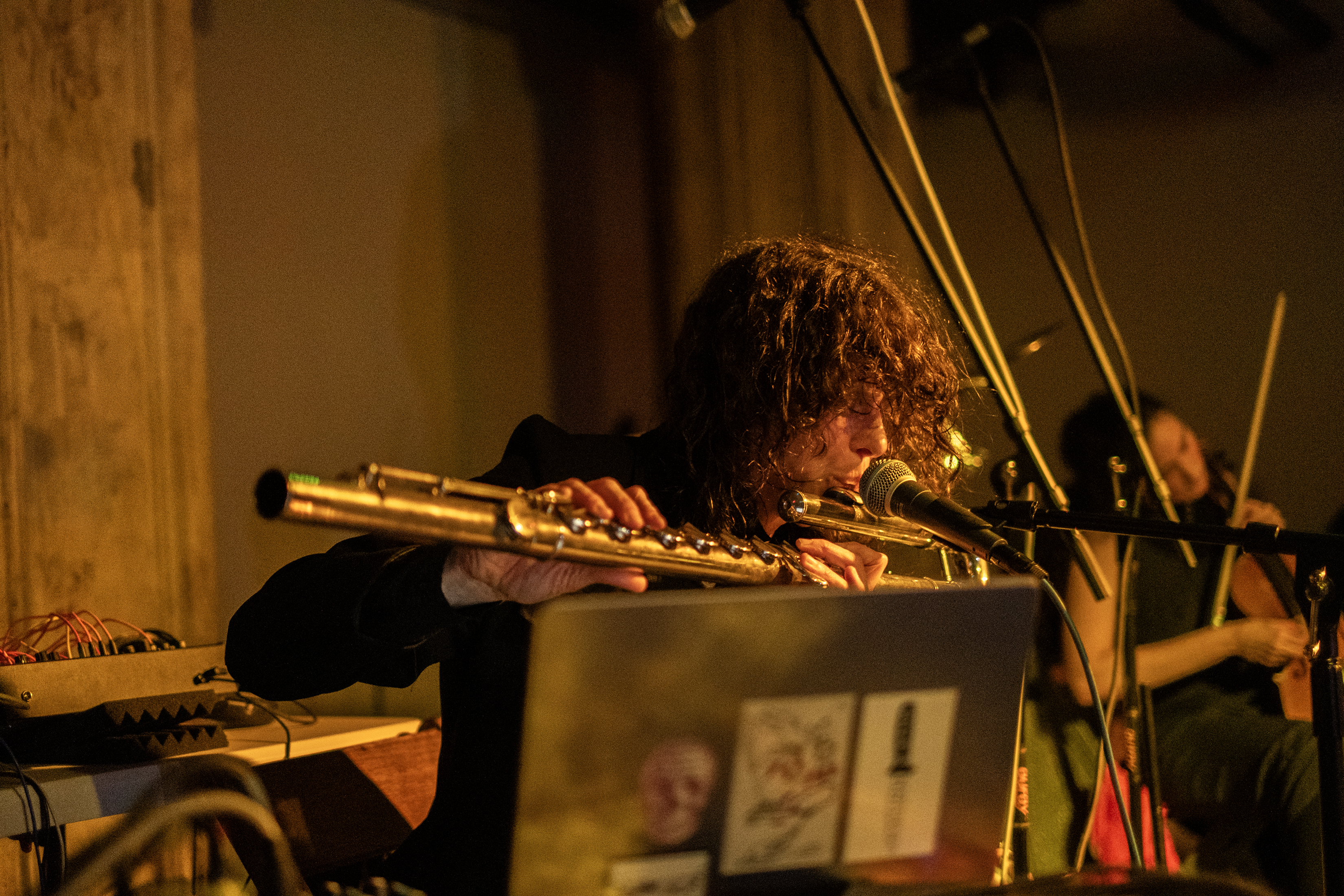 Close up color image of two performers on stage. In the center of the image a musician is sitting down playing the bass flute into a microphone. Out of focus in the background, another musician is playing the violin. The scene is tinted by yellow light.