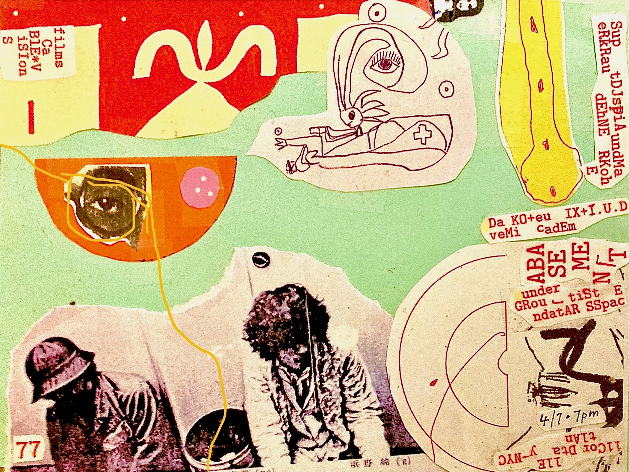 Magazine cut-outs and ink drawings are collaged together on a background of red, green, and yellow paper. Pieces of beige paper with typewritten text listing the performers and event details are scattered around the flyer.