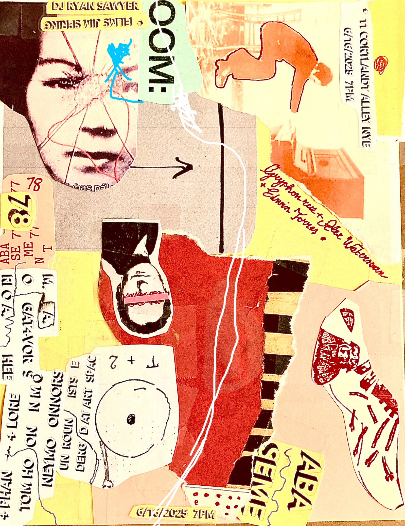 Magazine cut-outs and ink drawings are collaged together on a background of red and yellow paper. Pieces of beige paper with typewritten text listing the performers and event details are scattered around the flyer.