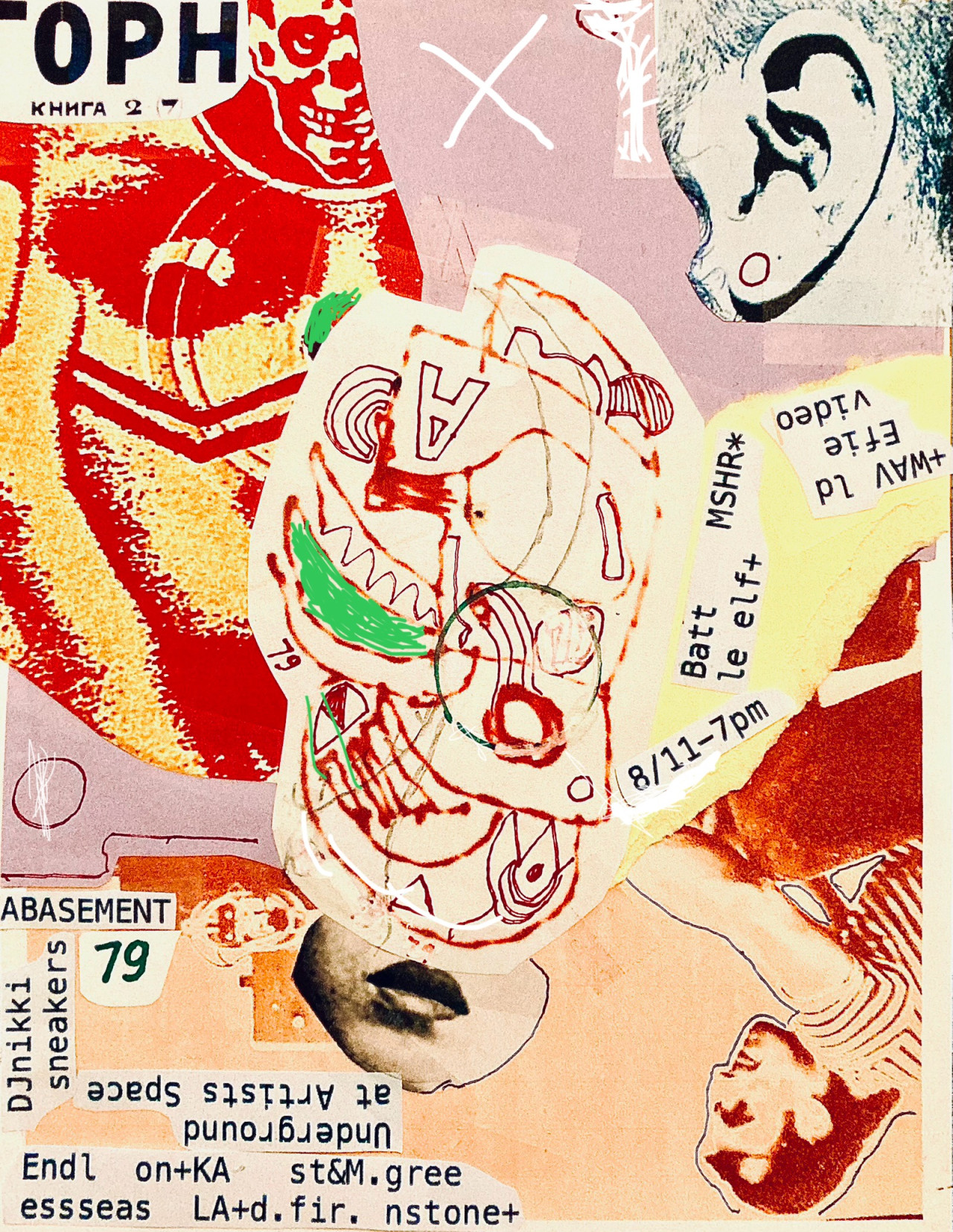 Magazine cut-outs and ink drawings are collaged together on a background of red and yellow paper. Pieces of beige paper with typewritten text listing the performers and event details are scattered around the flyer.