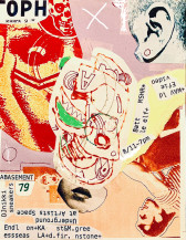 Magazine cut-outs and ink drawings are collaged together on a background of red and yellow paper. Pieces of beige paper with typewritten text listing the performers and event details are scattered around the flyer.