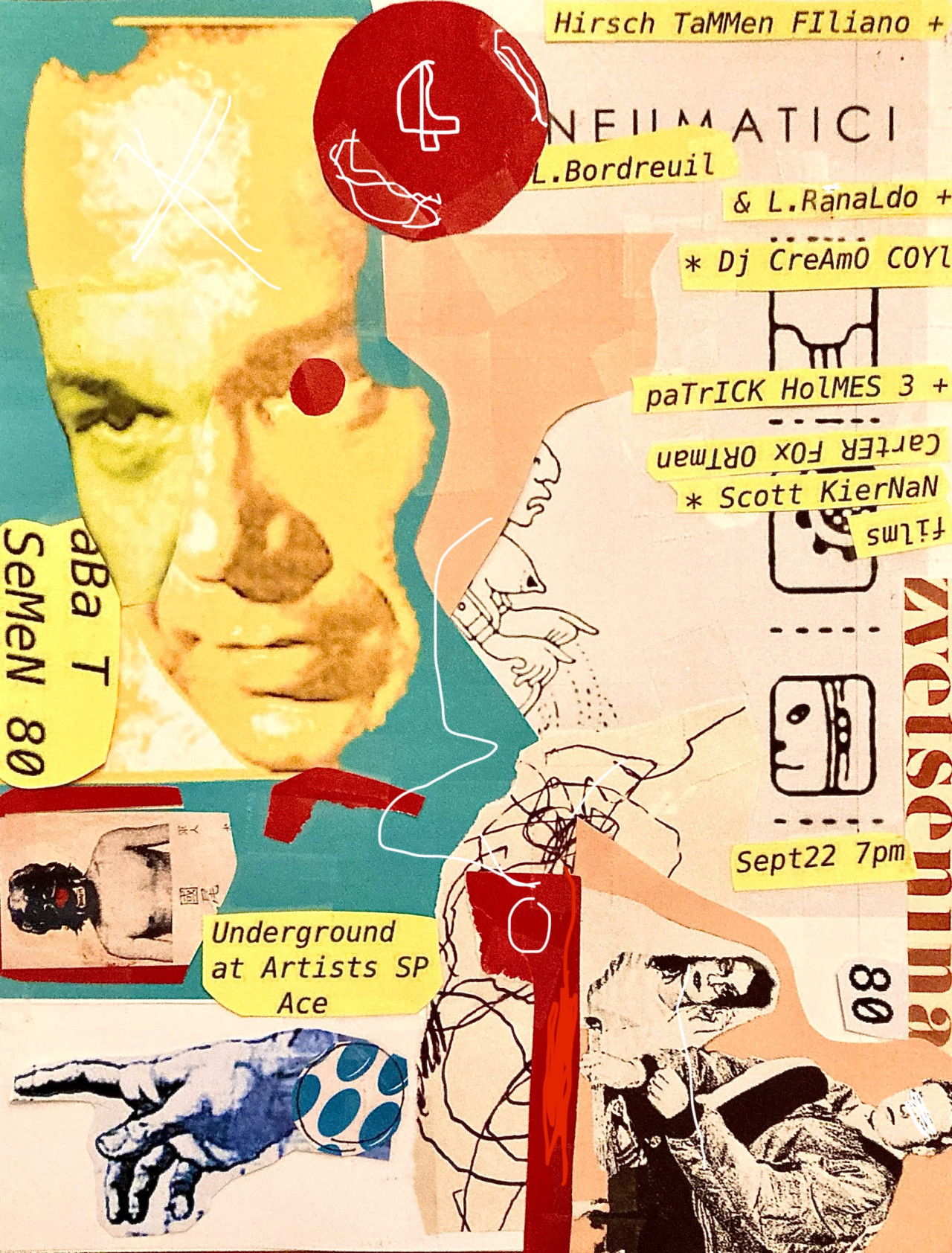 Magazine cut-outs and ink drawings are collaged together on a background of turqoise, beige, pink and red paper. Small pieces of yellow paper with typewritten text listing the performers and event details are scattered around the flyer.