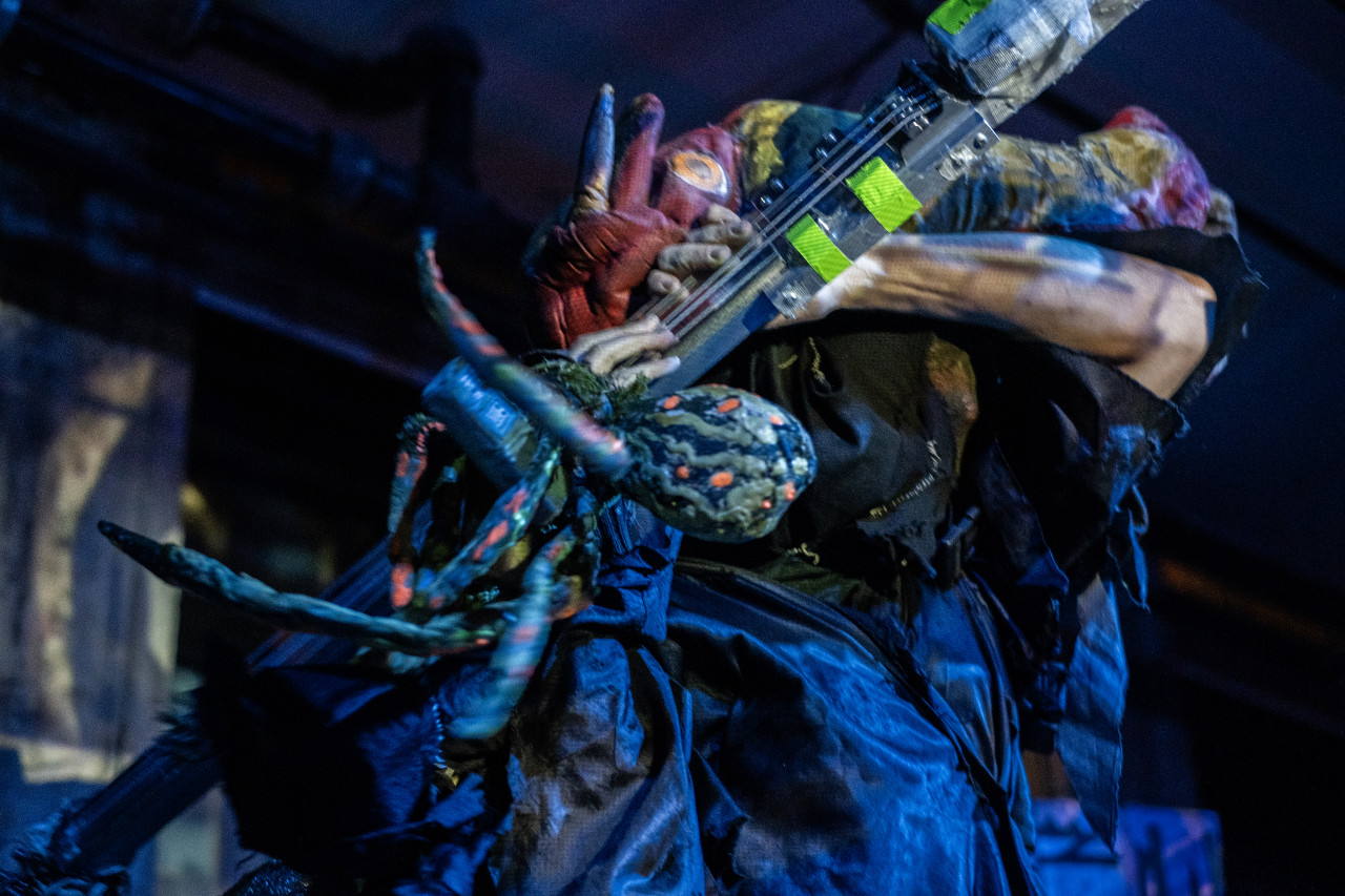 A performer plays a stringed instrument while wearing a suit adorned with multiple appendages and colors. The suit obscures the performer