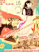 Magazine cut-outs and ink drawings are collaged together on a background of beige, yellow, pink, turqoise and red paper. Small pieces of paper with red typewritten text listing the performers and event details are scattered around the flyer.