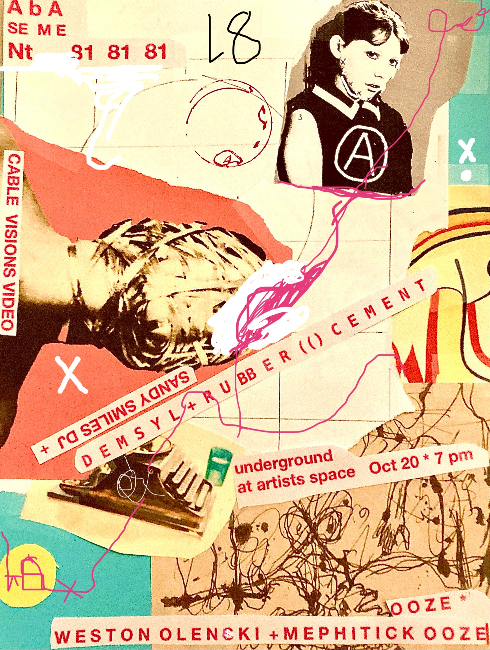 Magazine cut-outs and ink drawings are collaged together on a background of beige, yellow, pink, turqoise and red paper. Small pieces of paper with red typewritten text listing the performers and event details are scattered around the flyer.