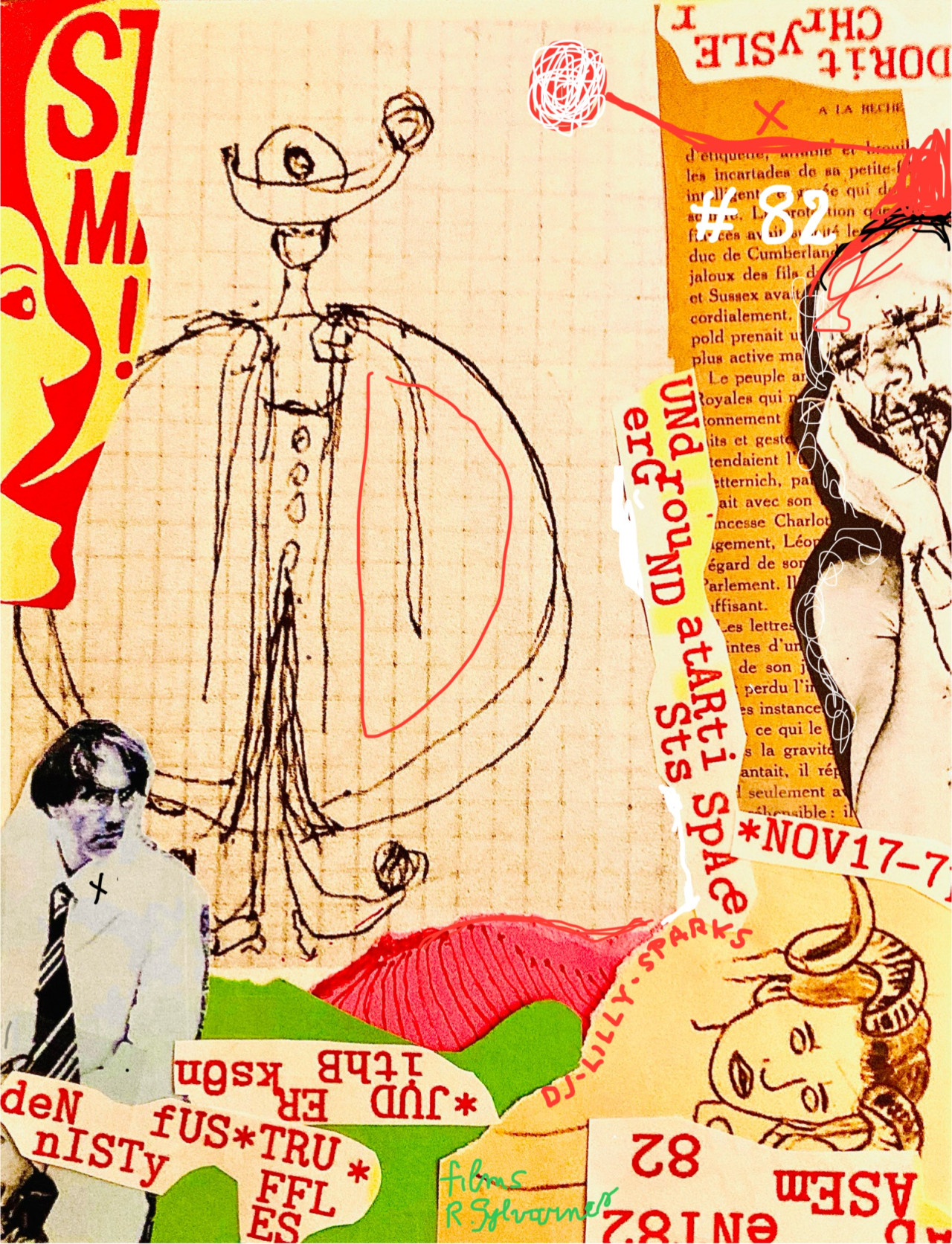 Magazine cut-outs and ink drawings are collaged together on a background of beige, yellow, orange, green, and red paper. Small pieces of paper with red typewritten text listing the performers and event details are scattered around the flyer.