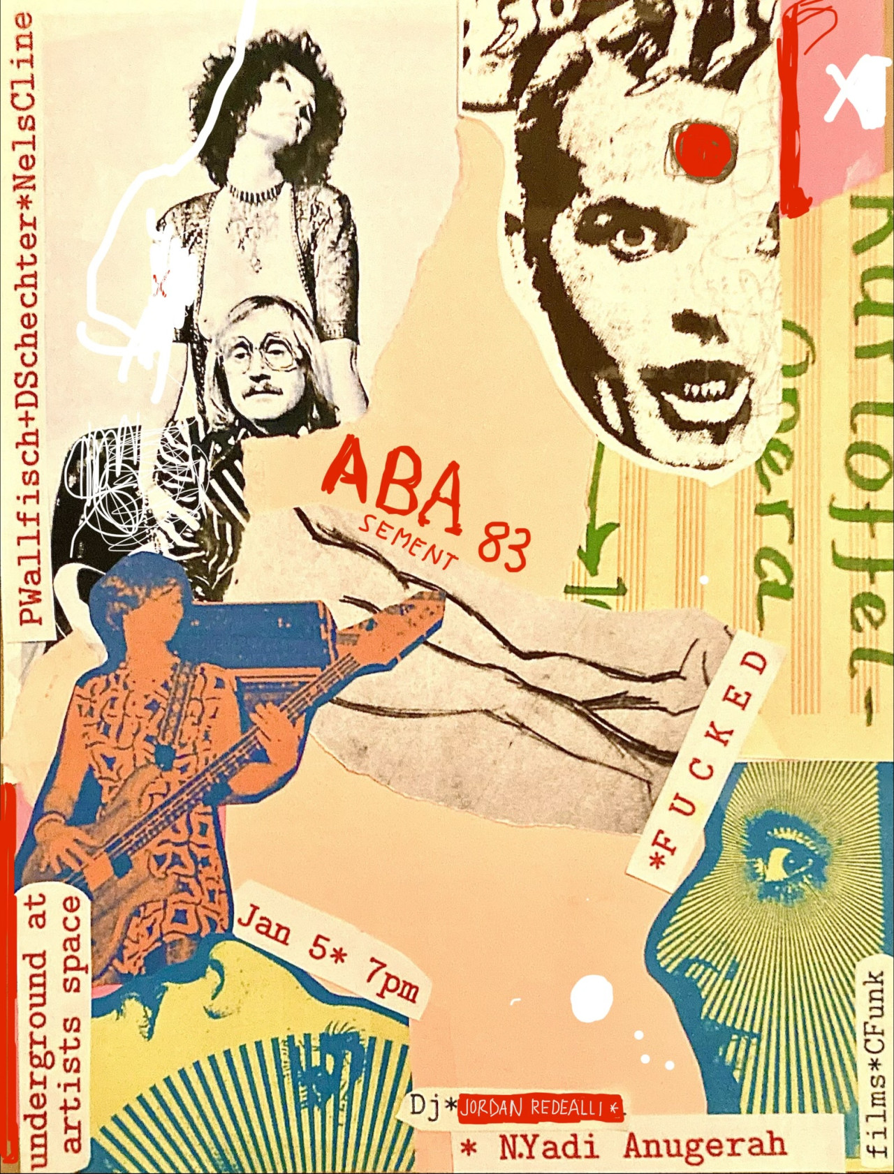 Magazine cut-outs and ink drawings are collaged together on a background of beige, yellow, orange, green, and red paper. Small pieces of paper with red typewritten text listing the performers and event details are scattered around the flyer.