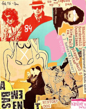 Magazine cut-outs and ink drawings are collaged together on a background of yellow, orange, pink, blue, and red paper. Small pieces of paper with red typewritten text listing the performers and event details are scattered around the flyer.