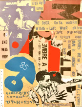 Magazine cut-outs and ink drawings are collaged together on a background of yellow, orange, purple, blue, and red paper. Small pieces of paper with typewritten text listing the performers and event details are scattered around the flyer.