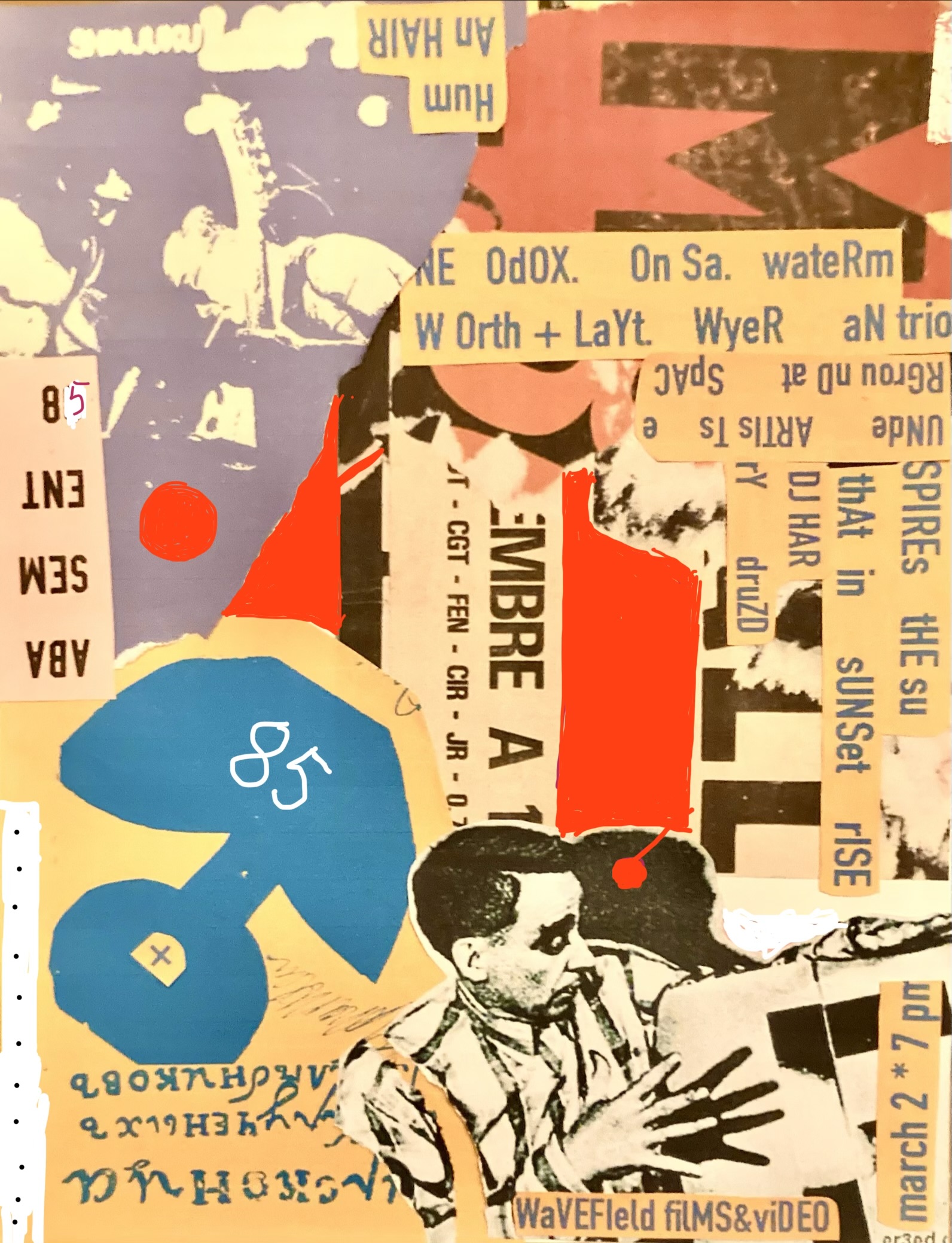 Magazine cut-outs and ink drawings are collaged together on a background of yellow, orange, purple, blue, and red paper. Small pieces of paper with typewritten text listing the performers and event details are scattered around the flyer.
