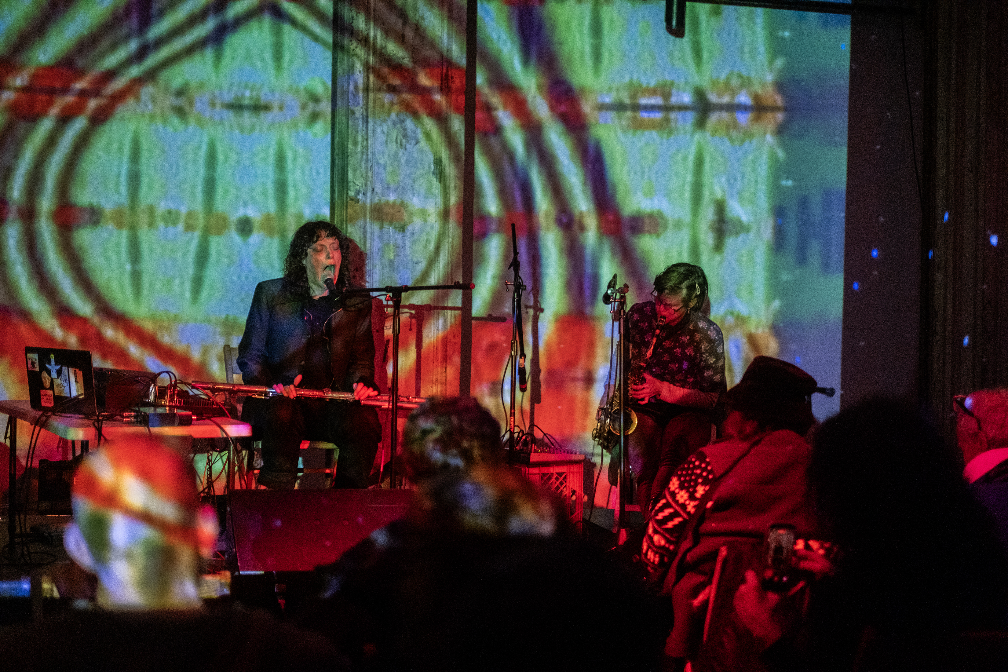To the left, surrounded by a sound system, a performer sings into a microphone while resting a wind instrument in their lap. To the right, a performer plays a saxophone. The stage is bathed in red, green, and blue lights while a projection is shown on the wall. 