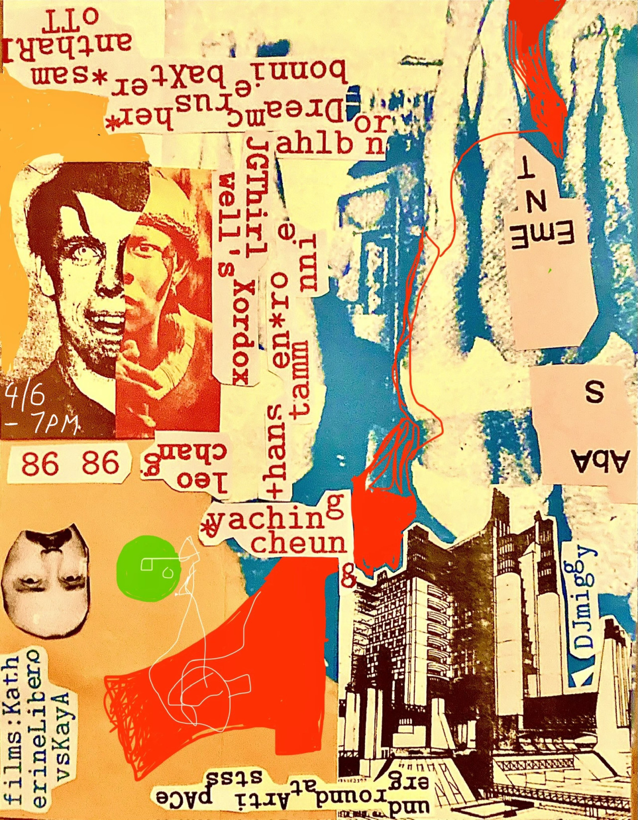 Magazine cut-outs and ink drawings are collaged together on a background of yellow, orange, blue, and red paper. Small pieces of paper with typewritten text listing the performers and event details are scattered around the flyer.