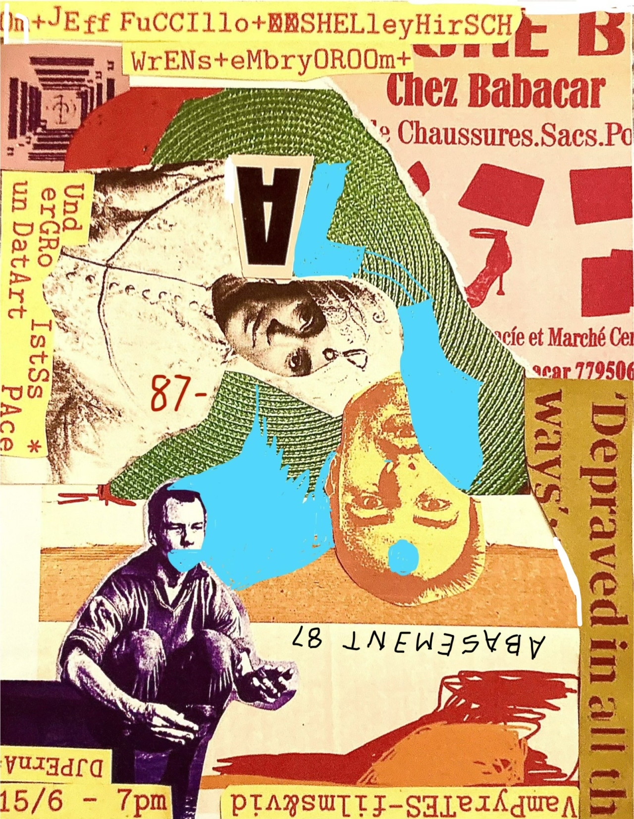 Magazine cut-outs and ink drawings are collaged together on a background of yellow, orange, blue, and red paper. Small pieces of paper with typewritten text listing the performers and event details are scattered around the flyer.