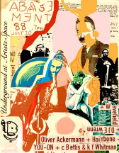 Magazine cut-outs and ink drawings are collaged together on a background of yellow, orange, blue, and red paper. Small pieces of paper with typewritten text listing the performers and event details are scattered around the flyer.