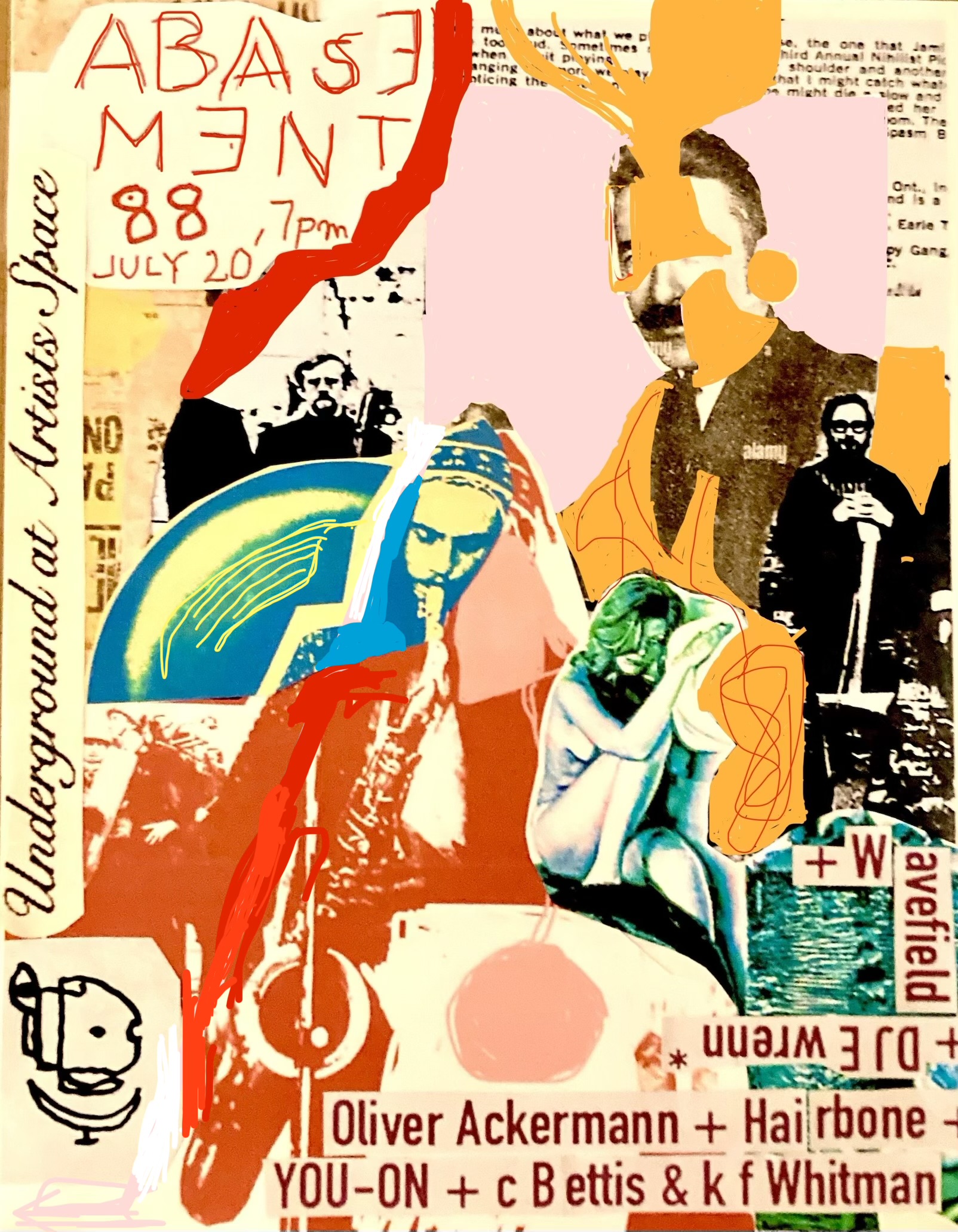 Magazine cut-outs and ink drawings are collaged together on a background of yellow, orange, blue, and red paper. Small pieces of paper with typewritten text listing the performers and event details are scattered around the flyer.