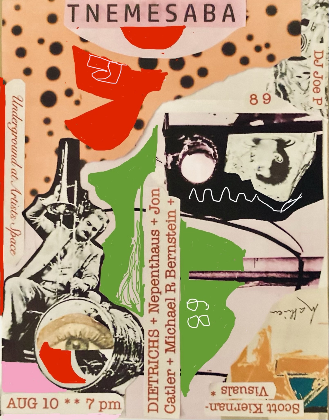 Magazine cut-outs and ink drawings are collaged together on a background of yellow, orange, green, and red paper. Small pieces of paper with typewritten text listing the performers and event details are scattered around the flyer.